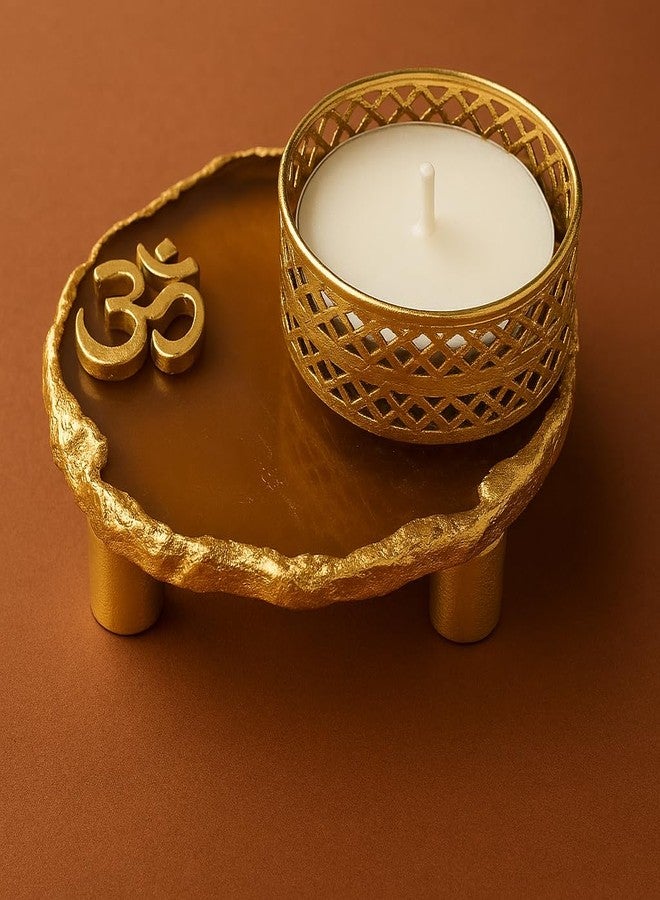 TOI SHOP Agate Coster Tealight Candle Holder for Home Decor, for Gifts, for Diwali, Diya Peinted OM (Brown) - Image 2